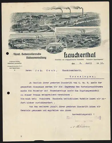 Rechnung Laucherthal 1910, Fürstl. Hohenzollernsche Hüttenverwaltung, Werke in Laucherthal, Immendingen und Hammerau