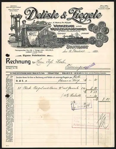 Rechnung Stuttgart 1912, Delisle & Ziegele, Werkzeuge und Werkzeugmaschinen, Produktansichten, Transportschiff, Preise