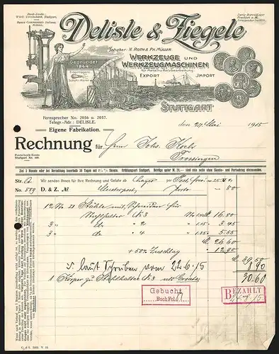 Rechnung Stuttgart 1915, Delisle & Ziegele, Werkzeuge und Werkzeugmaschinen, Produktansichten, Transportschiff, Preise