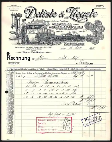 Rechnung Stuttgart 1910, Delisle & Ziegele, Werkzeuge und Werkzeugmaschinen, Produktansichten, Transportschiff, Preise