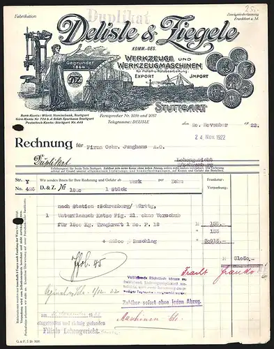 Rechnung Stuttgart 1922, Delisle & Ziegele, Werkzeuge und Werkzeugmaschinen, Produktansichten, Transportschiff, Preise