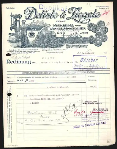 Rechnung Stuttgart 1922, Delisle & Ziegele, Werkzeuge und Werkzeugmaschinen, Produktansicht, Transportschiff, Medaillen