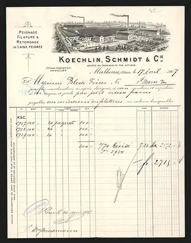Rechnung Mulhouse 1907, Koechlin, Schmidt & Cie., Peignage, Filature & Retordage de Laine Peignée, Die Fabrikanlage