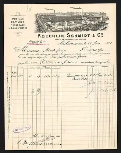 Rechnung Mulhouse 1912, Koechlin, Schmidt & Cie., Peignage, Filature & Retordage de Laine Peignée, Die Fabrikanlage