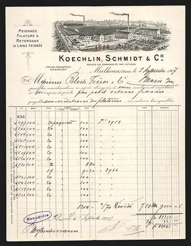 Rechnung Mulhouse 1907, Koechlin, Schmidt & Cie., Peignage, Filature & Retordage de Laine Peignée, Der Fabrikkomplex