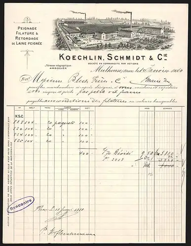 Rechnung Mulhouse 1910, Koechlin, Schmidt & Cie., Peignage, Filature & Retordage de Laine Peignée, Die Fabrikanlage