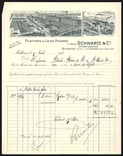 Rechnung Mulhouse 1898, Schwartz & Cie., Filatures de Laine Peignée, Werkansichten in Mulhouse und Valdoie
