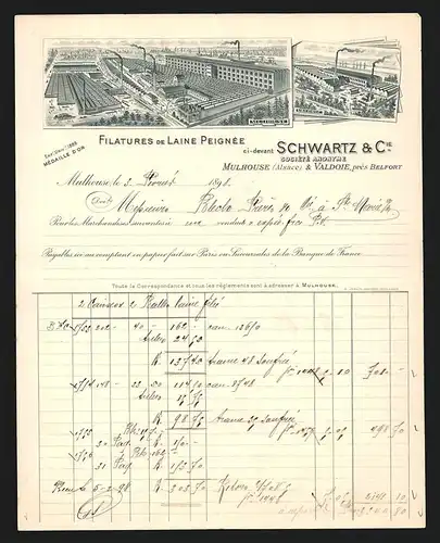 Rechnung Mulhouse 1898, Schwartz & Cie., Filatures de Laine Peignée, Fabrikansichten in Mulhouse und Valdoie