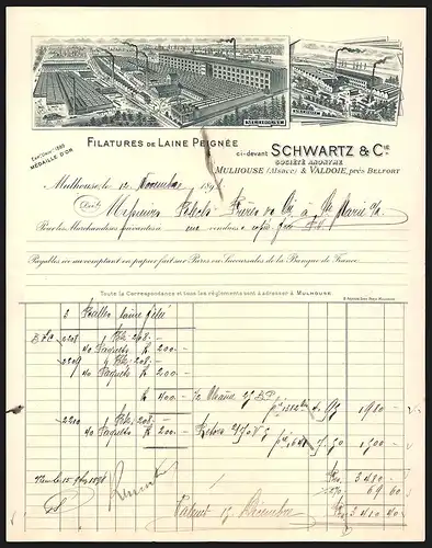 Rechnung Mulhouse 1898, Schwartz & Cie., Filatures de Laine Peignée, Betriebsansichten in Mulhouse und Valdoie