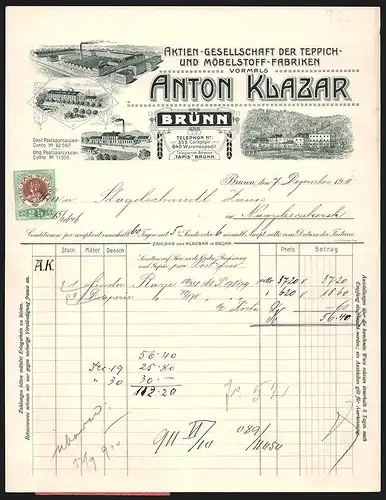 Rechnung Brünn 1910, Anton Klazar, AG der Teppich- und Möbelstoff-Fabriken, Ansichten vierer Werke