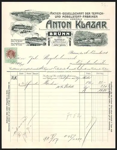 Rechnung Brünn 1910, Anton Klazar, AG der Teppich- und Möbelstoff-Fabriken, Ansichten vierer Geschäftsareale