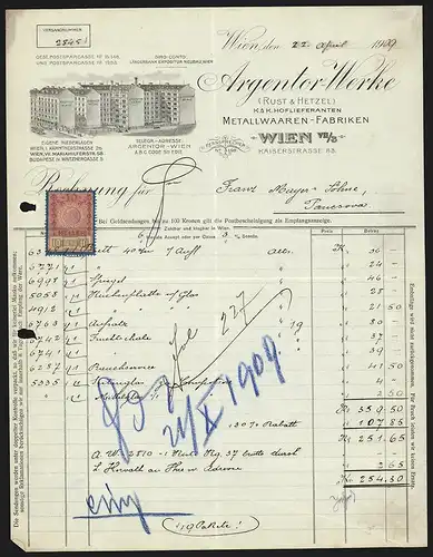 Rechnung Wien 1909, Argentor-Werke, Metalwaaren-Fabriken, Kaiserstrasse 83, Ansicht der Geschäftsgebäude