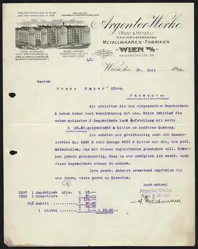 Rechnung Wien 1909, Argentor-Werke, Metalwaaren-Fabriken, Kaiserstrasse 83, Blick auf die Geschäftsgebäude