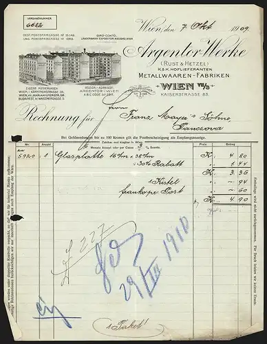 Rechnung Wien 1909, Argentor-Werke, Metalwaaren-Fabriken, Kaiserstr. 83, Ansicht der Geschäftsgebäude