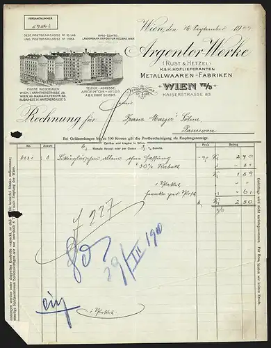 Rechnung Wien 1909, Argentor-Werke, Metalwaaren-Fabriken, Kaiserstr. 83, Blick auf die Geschäftsgebäude