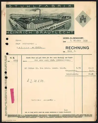Rechnung Hess.-Oldendorf 1932, Heinrich Brautlecht, Stuhlfabrik, Eckgebäude des Fabrikgeländes an der Strasse