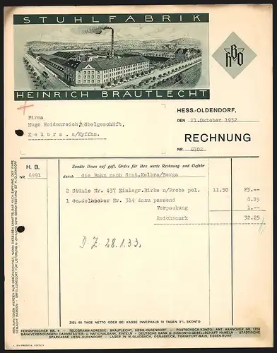 Rechnung Hess.-Oldendorf 1932, Heinrich Brautlecht, Stuhlfabrik, Eckgebäude des Betriebsgeländes an der Strasse