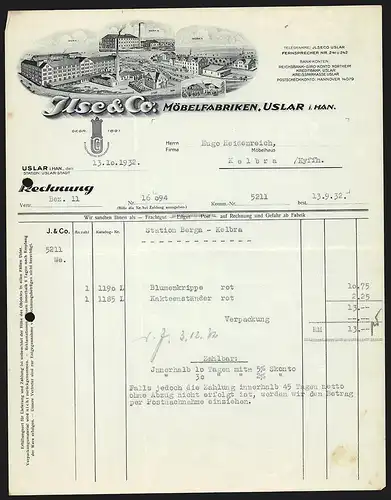 Rechnung Uslar i. Han. 1932, Ilse & Co. Möbelfabriken, Ansichten der Werke I - III und Stammhaus