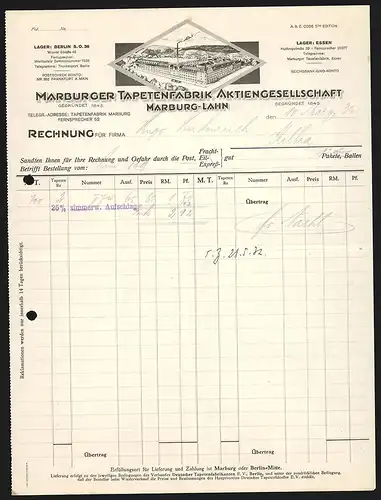 Rechnung Marburg-Lahn 1932, Marburger Tapetenfabrik AG, Strassenblock mit Betriebsgelände