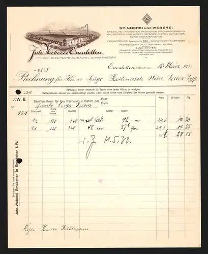 Rechnung Emsdetten i. Westf. 1933, Jute-Weberei Emsdetten, Blick auf die Fabrikanlage mit Einfahrt