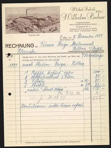 Rechnung Exter 1933, Wilhelm Pecher, Möbel Fabrik, Blick auf das Betriebsgelände in flacher Landschaft