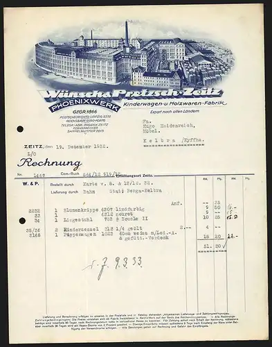 Rechnung Zeitz 1932, Wünsch & Pretzsch, Phoenixwerk, Kinderwagen- und Holzwaren-Fabrik, Das Fabrikgelände mit Einfahrt