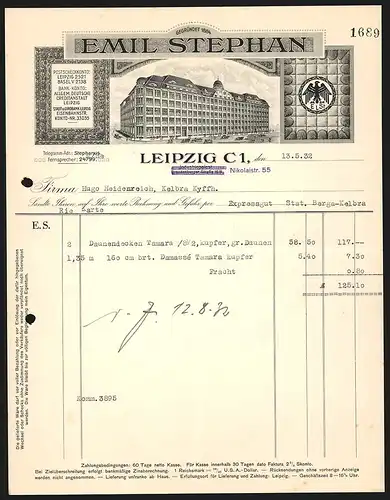 Rechnung Leipzig 1932, Firma Emil Stephan, Blick auf ein grosses Geschäftsgebäude