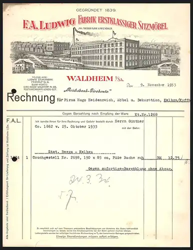 Rechnung Waldheim i. S. 1933, F. A. Ludwig, Fabrik Erstklassiger Sitzmöbel, Blick aufs Betriebsgelände mit Transportzug