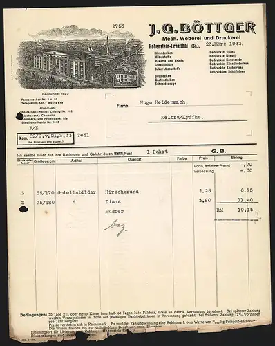 Rechnung Hohenstein-Ernstthal 1933, J. G. Böttger, Mech. Weberei und Druckerei, Blick auf das Fabrikgelände