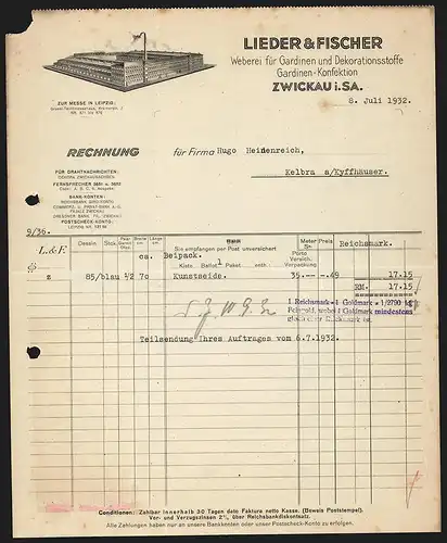 Rechnung Zwickau i. Sa. 1932, Lieder & Fischer, Weberei für Gardinen und Dekorationsstoffe, Modell des Werksgeländes