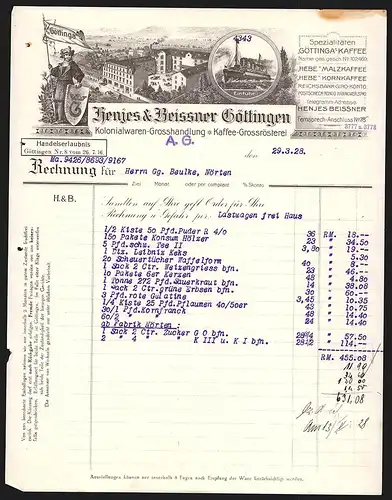 Rechnung Göttingen 1928, Henjes & Beissner, Kolonialwaren-Grosshandlung & Kaffee-Grossrösterei, Werksansicht, Schiff