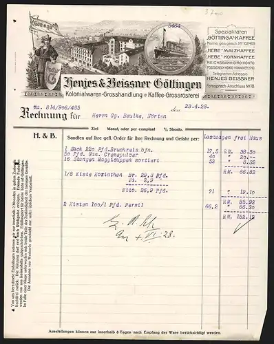 Rechnung Göttingen 1928, Henjes & Beissner, Kolonialwaren-Grosshandlung & Kaffee-Grossrösterei, Fabrikansicht, Schiff