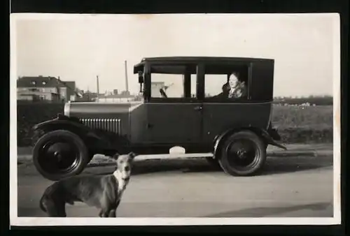 Fotografie Auto Opel 4 /16 (1926-27), Hund vor geparktem Kfz