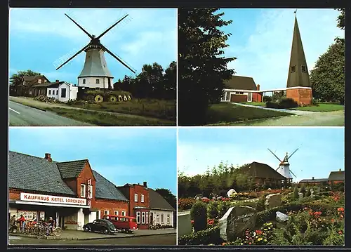 AK Achtrup /Nordfriesland, Kaufhaus Ketel Lorenzen, VW Käfer, Windmühle, Friedhof