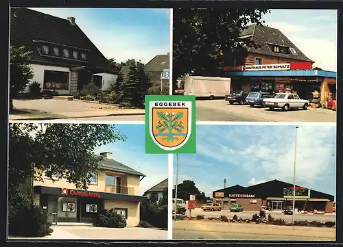 AK Eggebek, Spar-Kaufhaus Peter Schultz, Baucenter u. Raiffeisenbank, Kreissparkasse