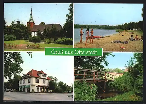 AK Otterstedt / Verden, Blick nach der Kirche, Badespass am Badeplatz, Brücke am Bach