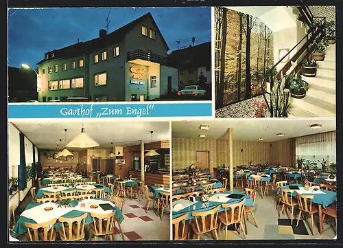 AK Rechtenbach /Spessart, Gasthof u. Pension Zum Engel, Strassenpartie bei Nacht, Treppe mit Pflanzen, Speisesaal