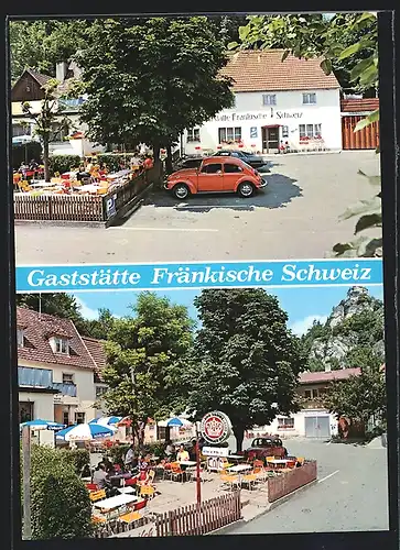 AK Tüchersfeld-Pottenstein, Gaststätte Fränkische Schweiz, Inh. Fam. Gröschel, VW Käfer