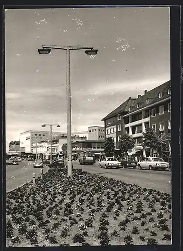 AK Neumünster /Holst., Strassenpartie mit VW Käfer, Autobus