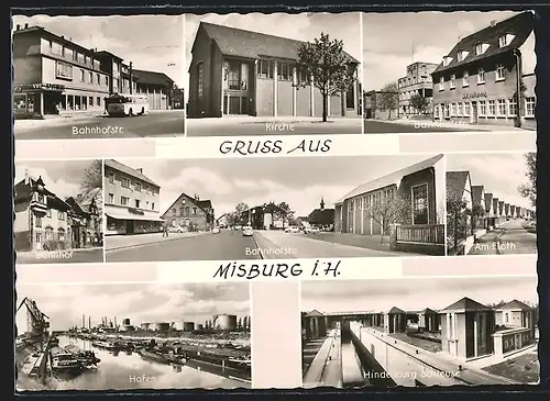 AK Misburg i. H., Bahnhofstrasse mit Autobus, Kirche, Hafen mit Dampfer, Hindenburg Schleuse