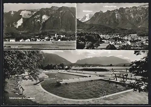 AK Marzoll bei Bad Reichenhall, Schwimmbad Schwarzbach, Ortsansicht mit Lattengebirge, Watzmann