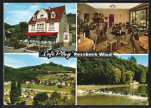 AK Rossbach /Wied, Café Plag, Ortsansicht mit Campingplatz