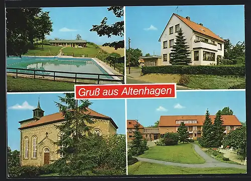 AK Springe-Altenhagen, Kirche, Schwimmbecken, Strassenpartie mit Wohnhaus