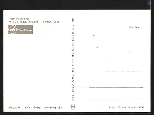 AK Aue /Sa., Hotel Blauer Engel, Altmarkt 1, Innenansichten