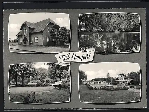 AK Homfeld, Gasthaus Müller, Schwimmbad, Parkpartie