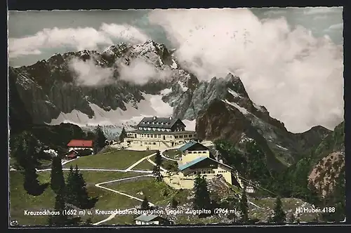 AK Kreuzeckhaus, Kreuzeckbahn-Bergstsation gegen Zugspitze