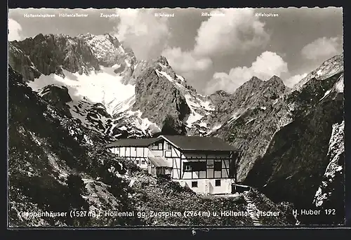 AK Knappenhäuser, Berghütte gegen Zugspitze und Höllentalgletscher