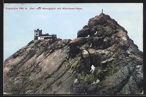 AK Münchner Haus, Berghütte mit Ost- und Westgipfel der Zugspitze
