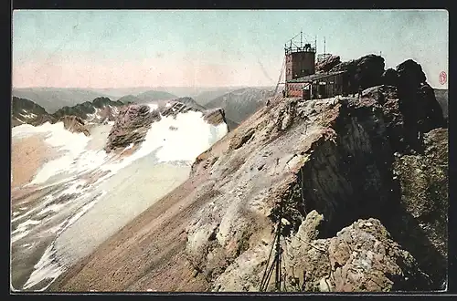 AK Zugspitzhaus, Ansicht gegen den Westgipfel, mit Hüttenstempel der Knorrhütte