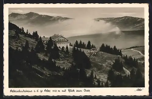 AK Arberschutzhaus, Berghütte mit Blick zum Osser